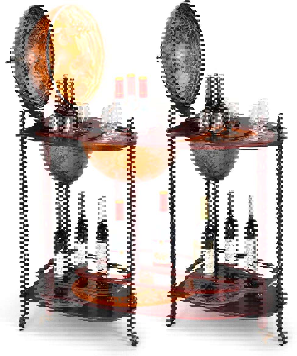 34 Wood Globe Wine Bar Stand - 16th Century Italian-Style Rack with Large Shelf for Liquor Bottles