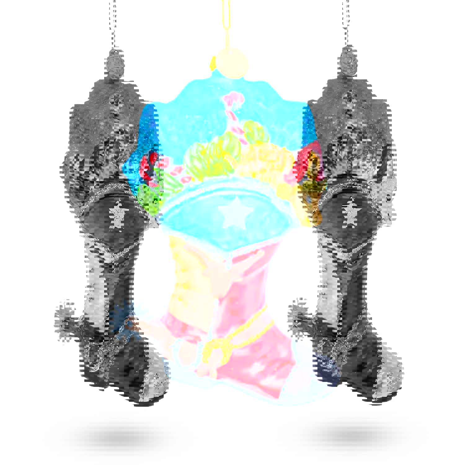 Western Charm: Cowboy Boot with Candy Canes - Blown Glass Christmas Ornament