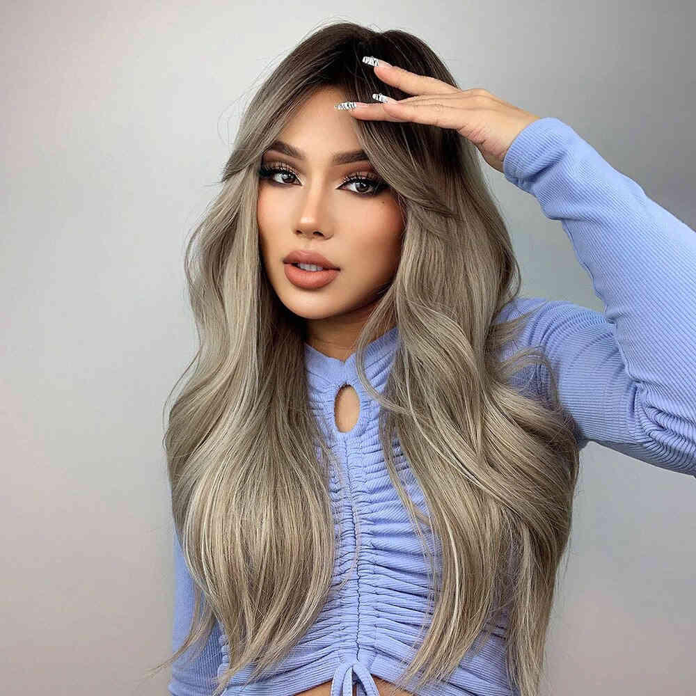 17# Gray Blonde Long White Highlight Natural Wavy Wig With Curtain Bangs Synthetic Wig 26 Inches - Rayna