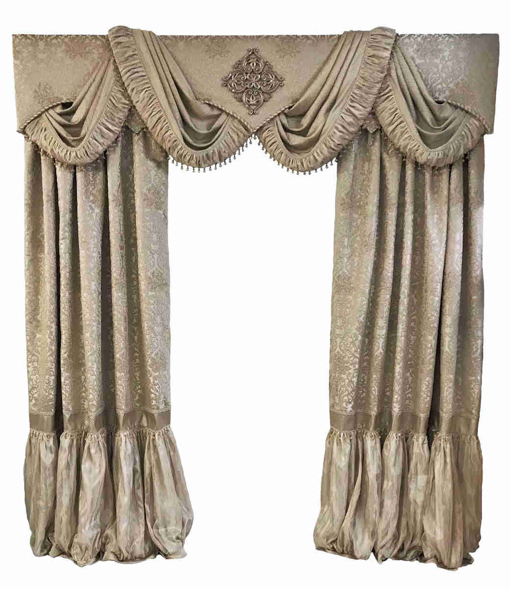 Old World Style Cornice Board with Swags and Decorative Curtain Panels