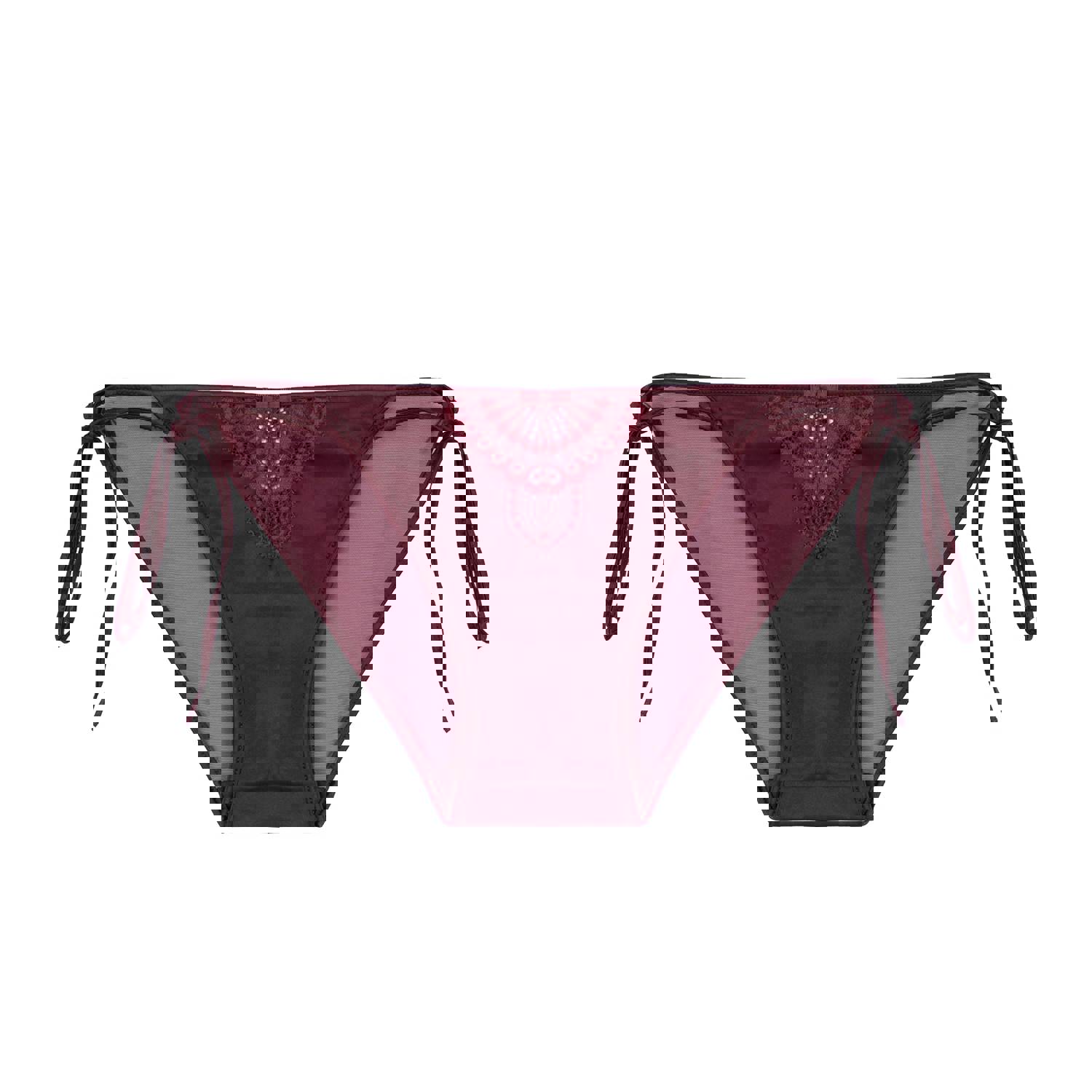 Wine Red Lace Up Adjustable Waist Mesh Thong