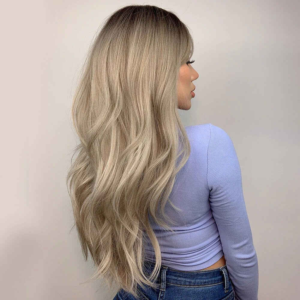 17# Gray Blonde Long White Highlight Natural Wavy Wig With Curtain Bangs Synthetic Wig 26 Inches - Rayna