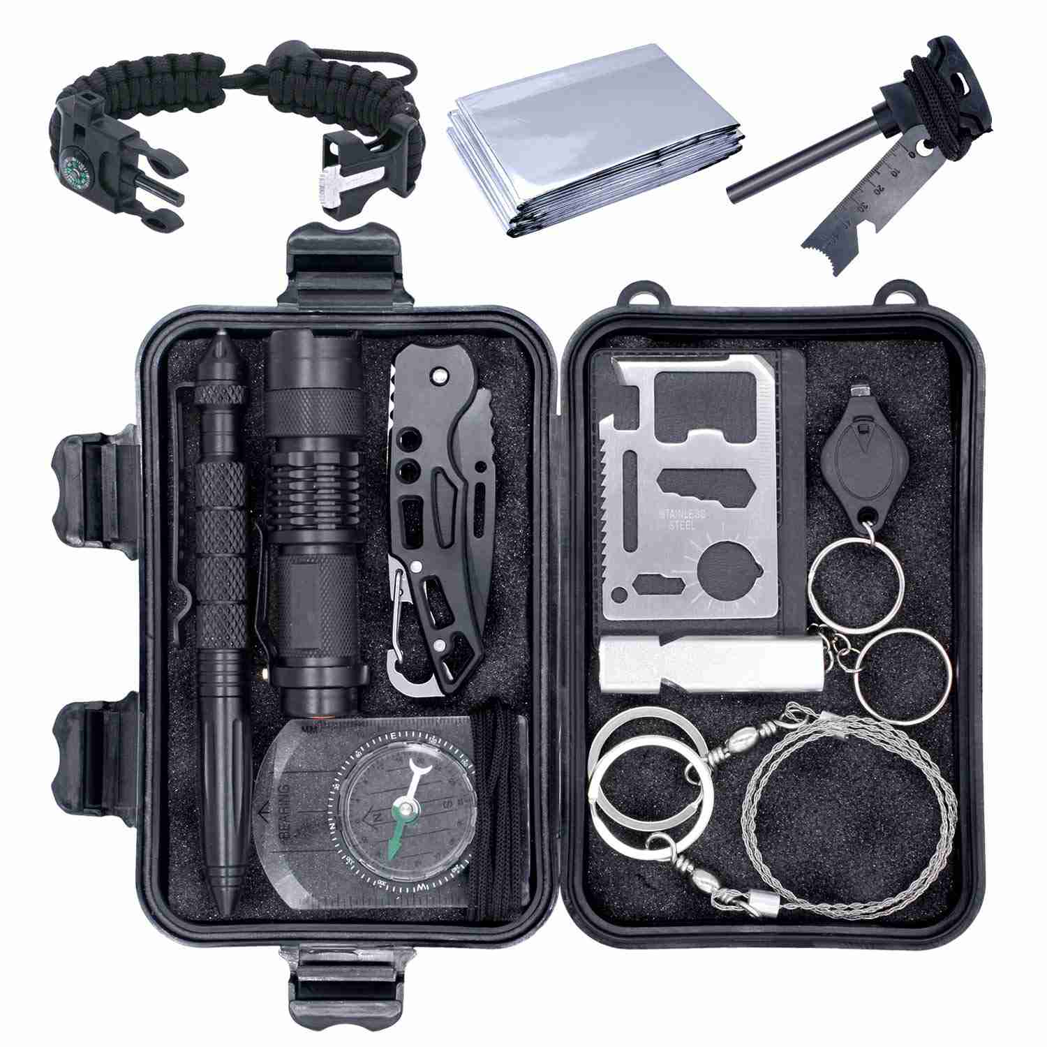 13 in 1 Emergency Survival Kit with Military Compass, Saber Card, Whistle for Outdoor Adventures