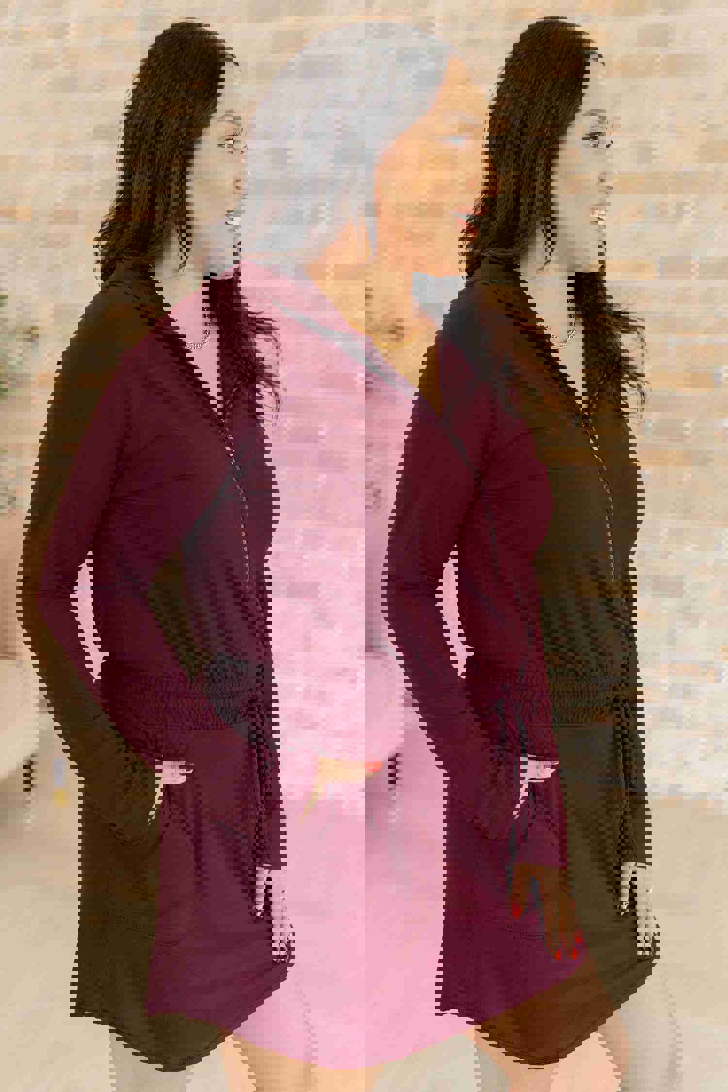 Getting Out Long Sleeve Hoodie Romper in Maroon