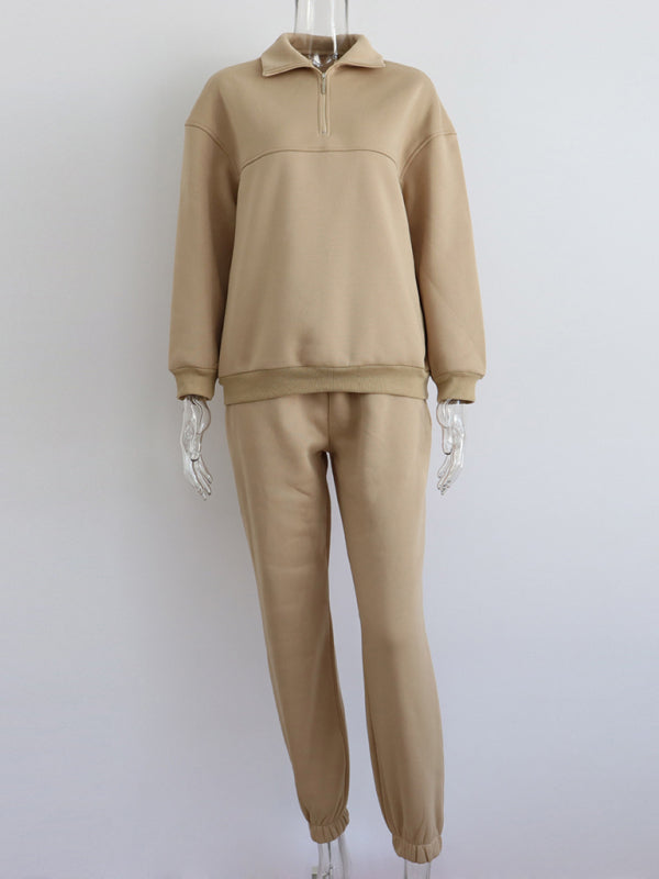 Long Sleeve Stand-Up Collar Hoodie with Half Zipper and Matching Sweat Pants Set