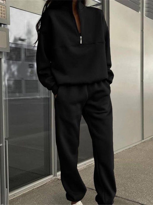 Long Sleeve Stand-Up Collar Hoodie with Half Zipper and Matching Sweat Pants Set