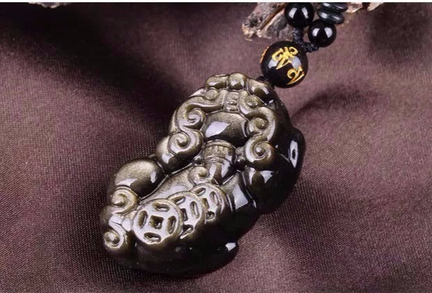 Natural Rainbow Eye Obsidian Pixiu Pendant Necklace for Men and Women - Gold Obsidian Crystal Gift (3-1)
