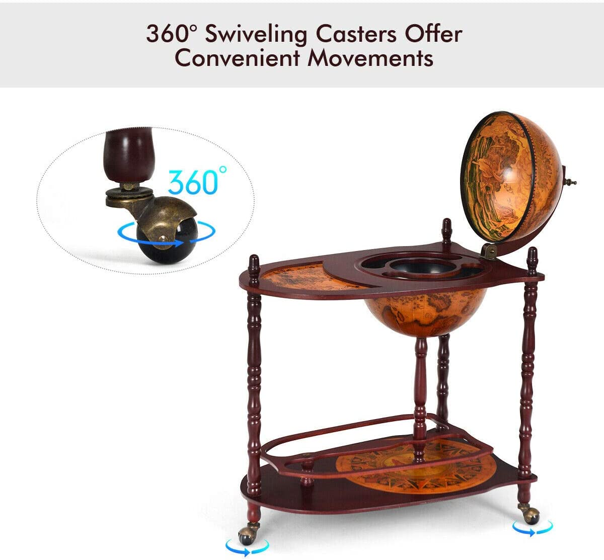 34 Wood Globe Wine Bar Stand - 16th Century Italian-Style Rack with Large Shelf for Liquor Bottles