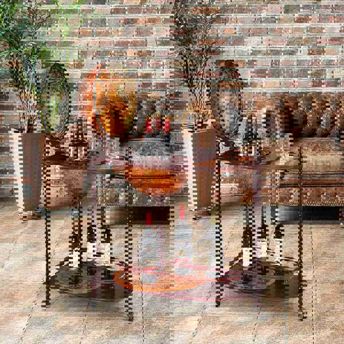 34 Wood Globe Wine Bar Stand - 16th Century Italian-Style Rack with Large Shelf for Liquor Bottles