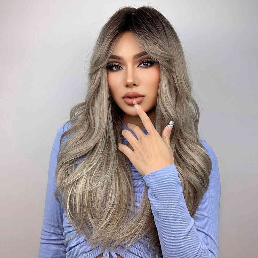 17# Gray Blonde Long White Highlight Natural Wavy Wig With Curtain Bangs Synthetic Wig 26 Inches - Rayna