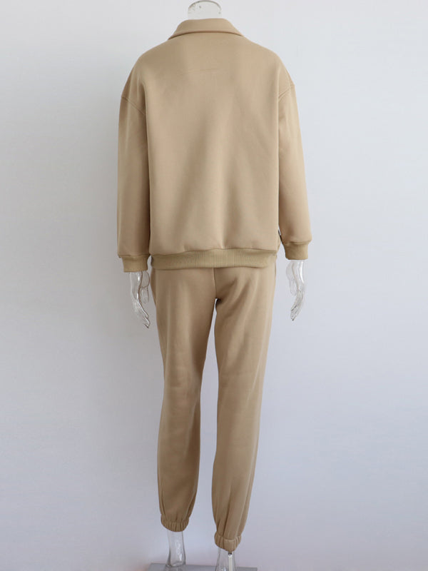 Long Sleeve Stand-Up Collar Hoodie with Half Zipper and Matching Sweat Pants Set