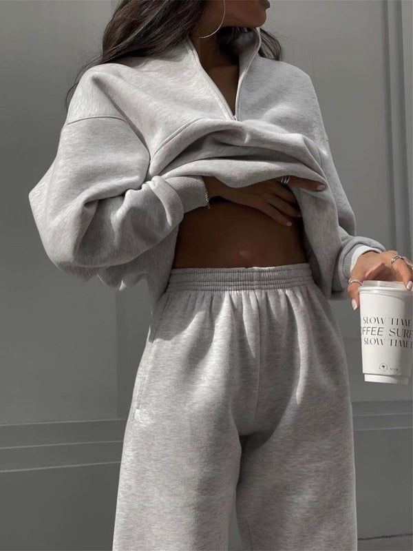 Long Sleeve Stand-Up Collar Hoodie with Half Zipper and Matching Sweat Pants Set