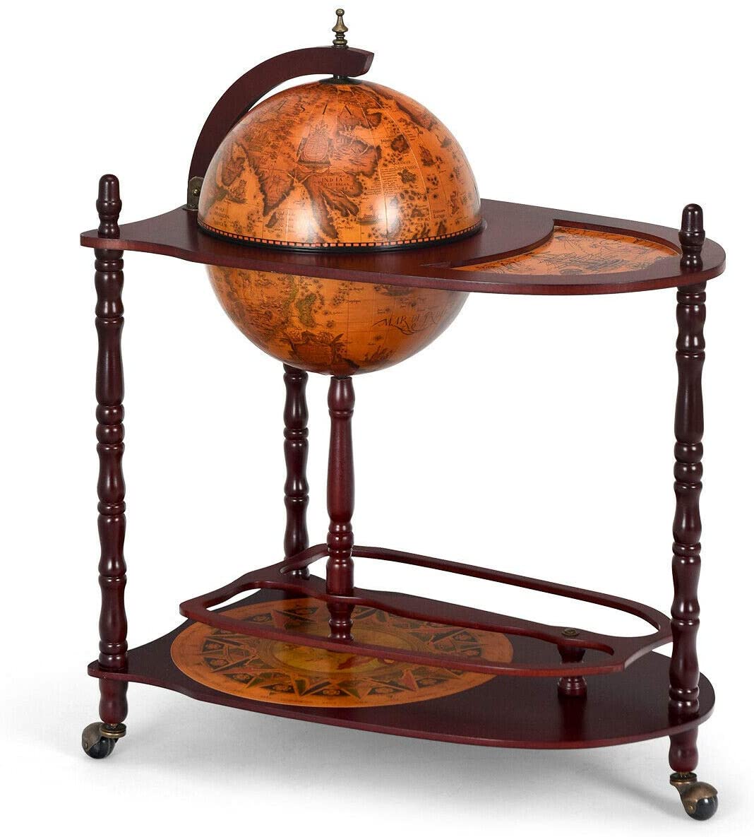 34 Wood Globe Wine Bar Stand - 16th Century Italian-Style Rack with Large Shelf for Liquor Bottles