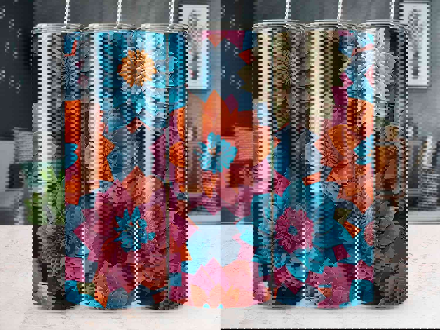 3D Colorful Flower Graphic Tumbler - AI Generated Stainless Steel Insulated Tumbler with Straw