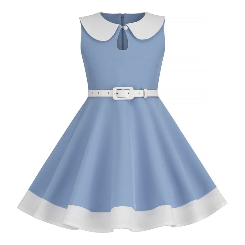 3-10 Years Girls Vintage Princess Dress with Belt - Summer Sleeveless Gown