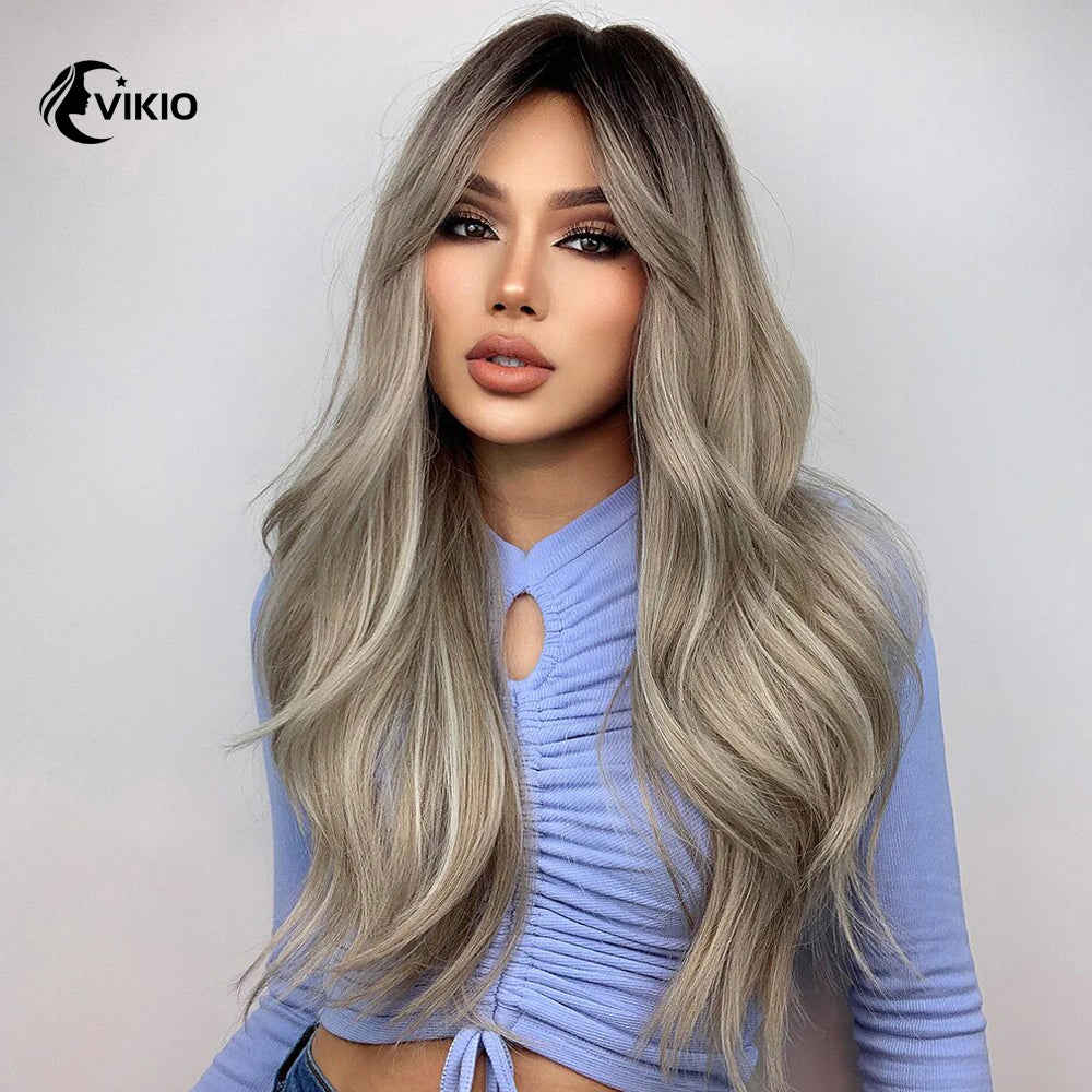 17# Gray Blonde Long White Highlight Natural Wavy Wig With Curtain Bangs Synthetic Wig 26 Inches - Rayna