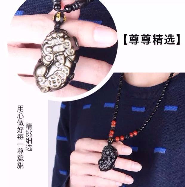Natural Rainbow Eye Obsidian Pixiu Pendant Necklace for Men and Women - Gold Obsidian Crystal Gift (3-1)