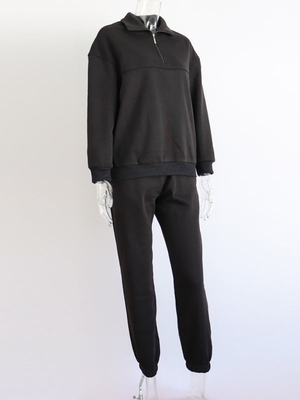 Long Sleeve Stand-Up Collar Hoodie with Half Zipper and Matching Sweat Pants Set