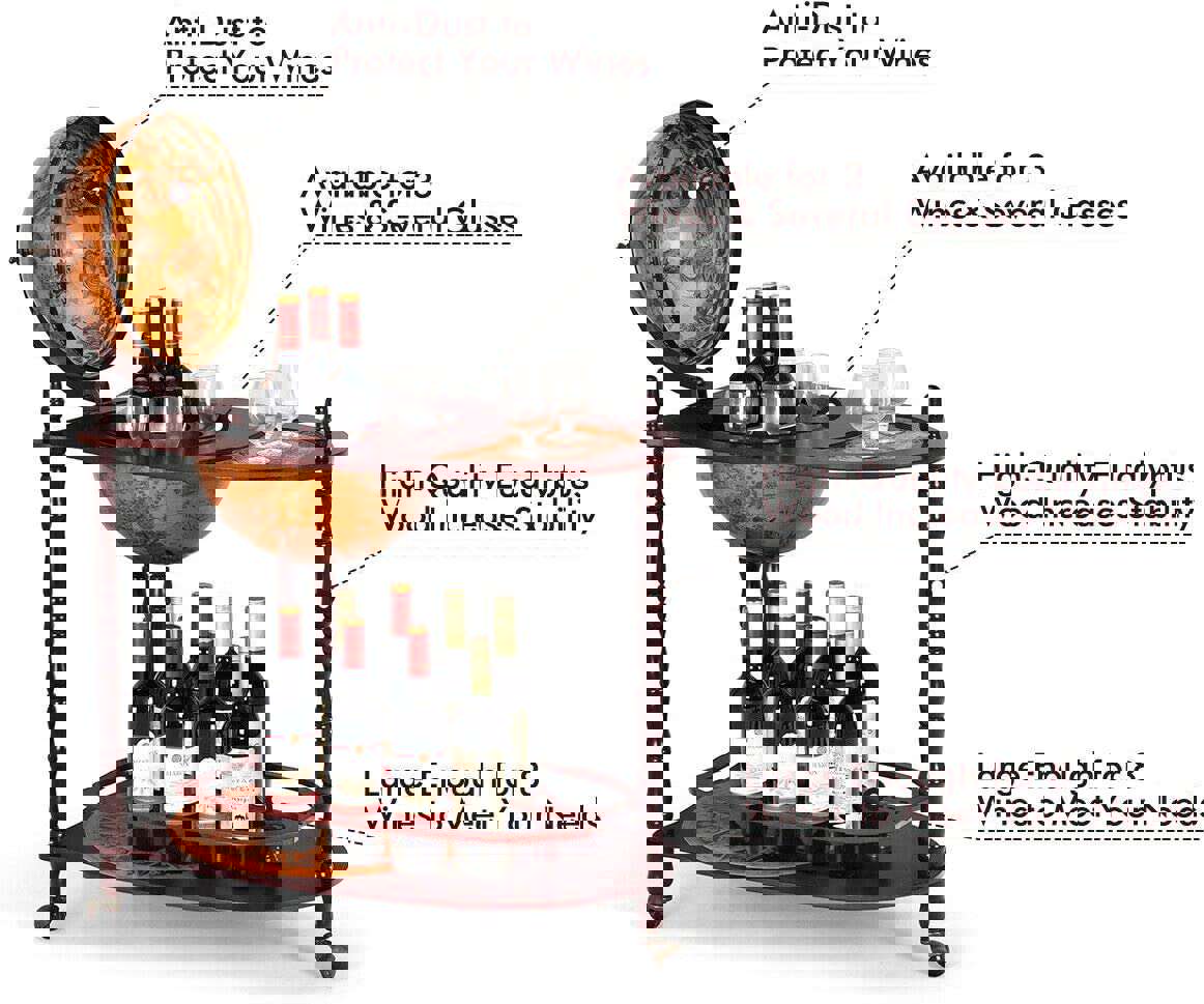34 Wood Globe Wine Bar Stand - 16th Century Italian-Style Rack with Large Shelf for Liquor Bottles