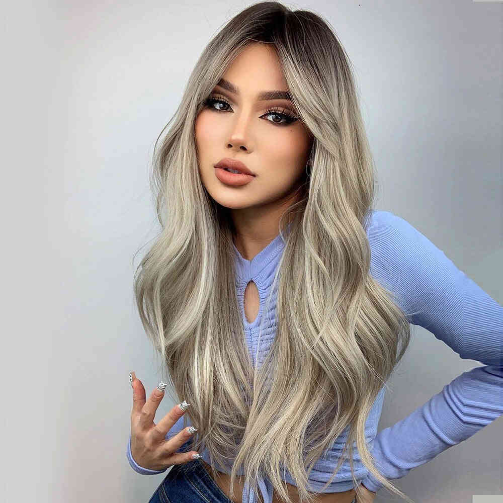 17# Gray Blonde Long White Highlight Natural Wavy Wig With Curtain Bangs Synthetic Wig 26 Inches - Rayna