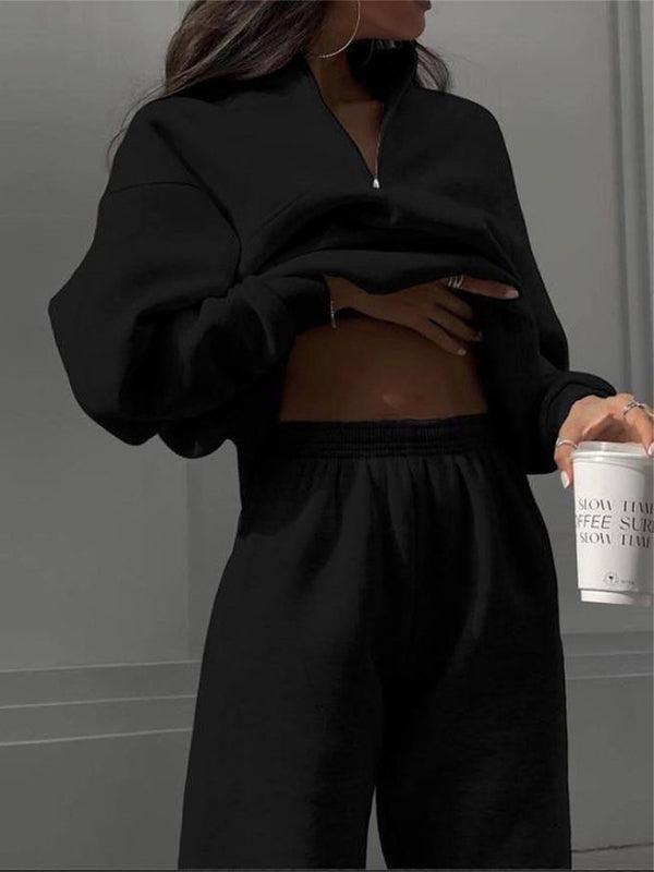 Long Sleeve Stand-Up Collar Hoodie with Half Zipper and Matching Sweat Pants Set