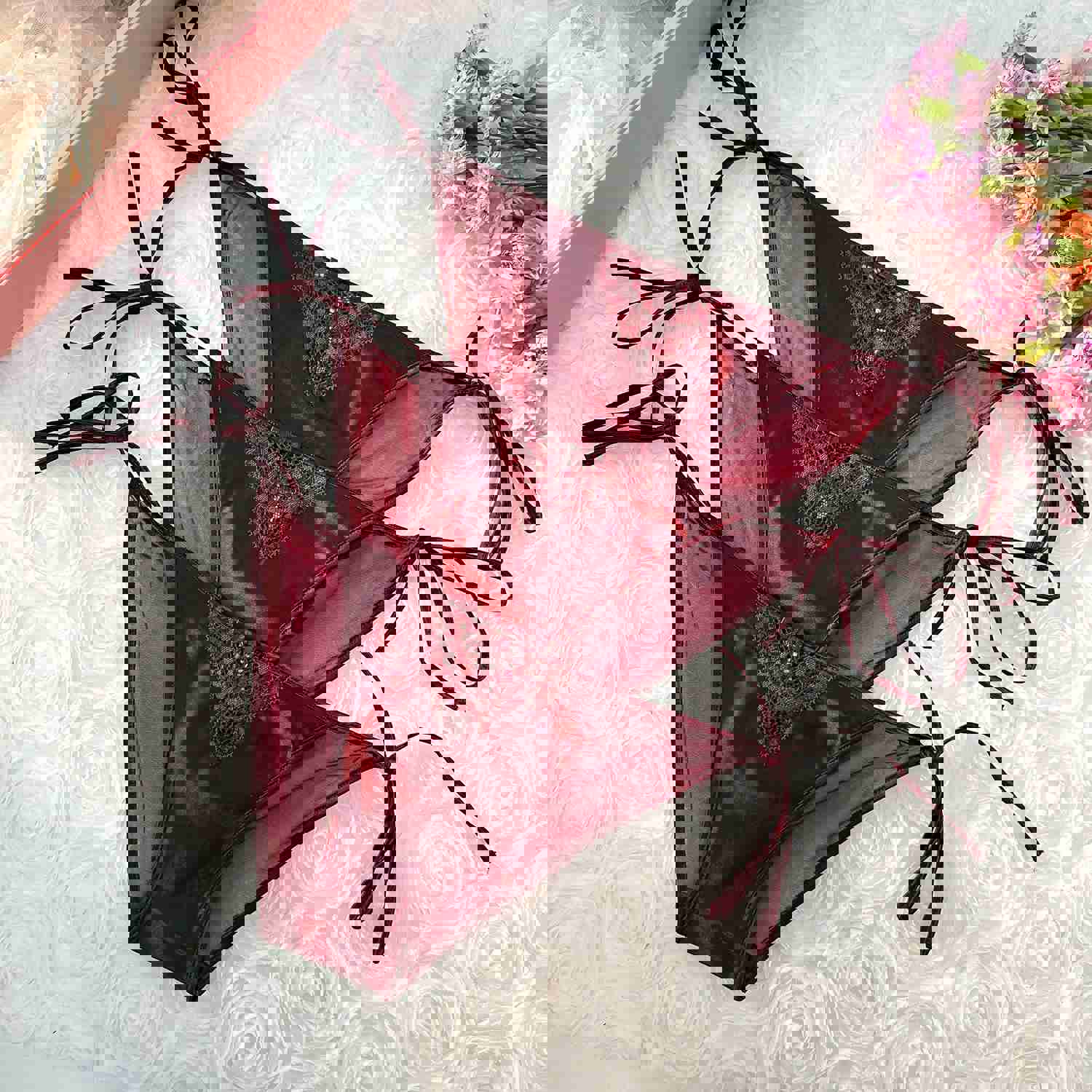 Wine Red Lace Up Adjustable Waist Mesh Thong