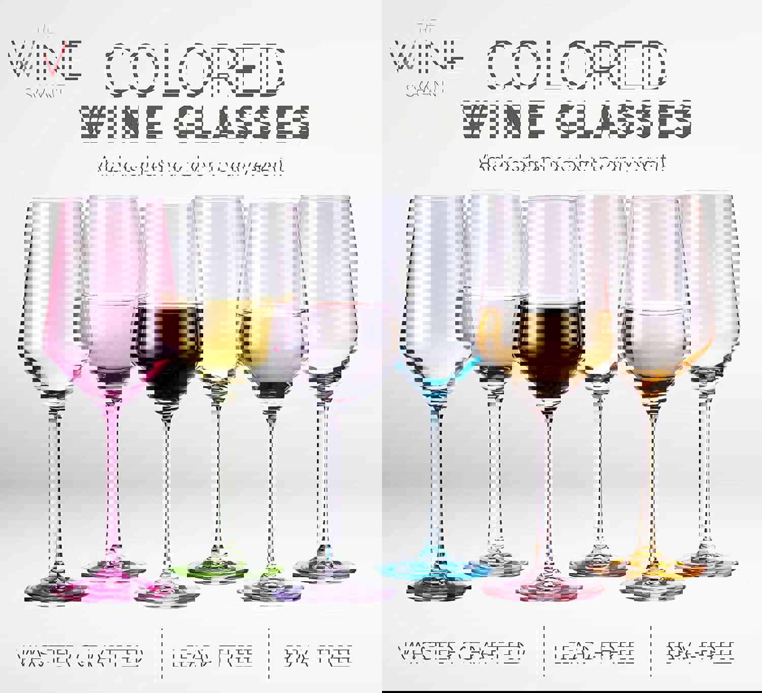 Colored Wine Glass Set, Large 12 oz Glasses Set of 6, Italian Style Hand Blown