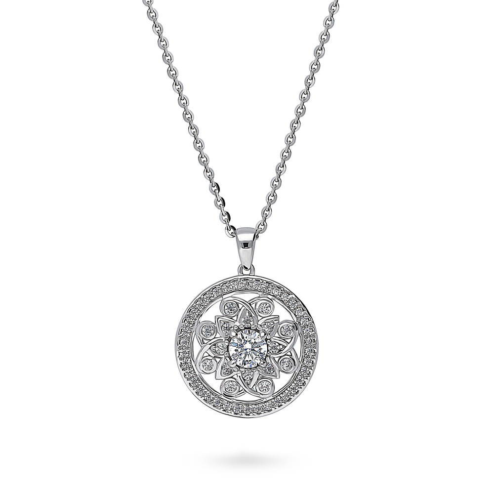 Sterling Silver Flower Medallion CZ Pendant Necklace