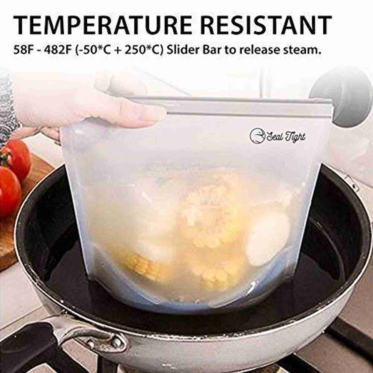 Reusable Silicone Food Grade Storage Bags - Airtight, Microwave, Freeze, Steam Safe (4 Pack)