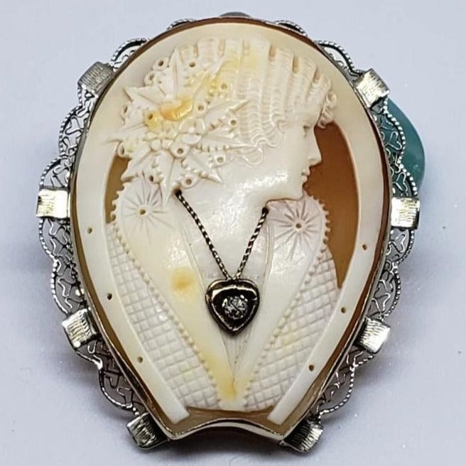 Vintage Horseshoe Cameo Habille Pendant/Brooch in 14K White Gold