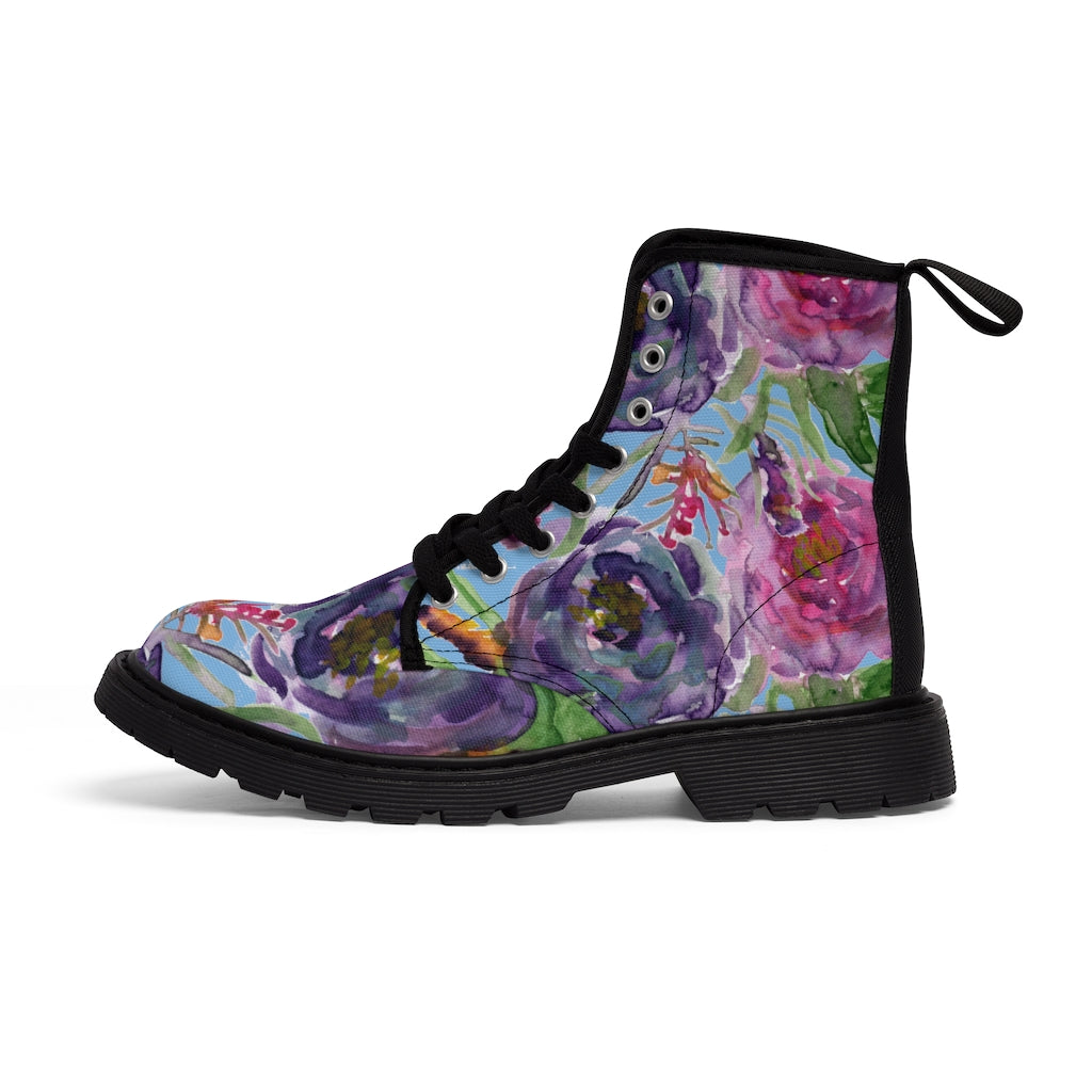 Blue Floral Print Women's Boots - Pink Purple Rose Flower Print Combat Boots