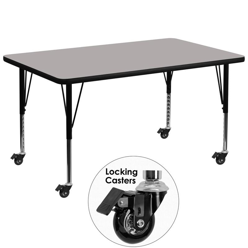 Flash Furniture Mobile 36W x 72L Rectangular Grey HP Laminate Activity Table - Height Adjustable Short Legs