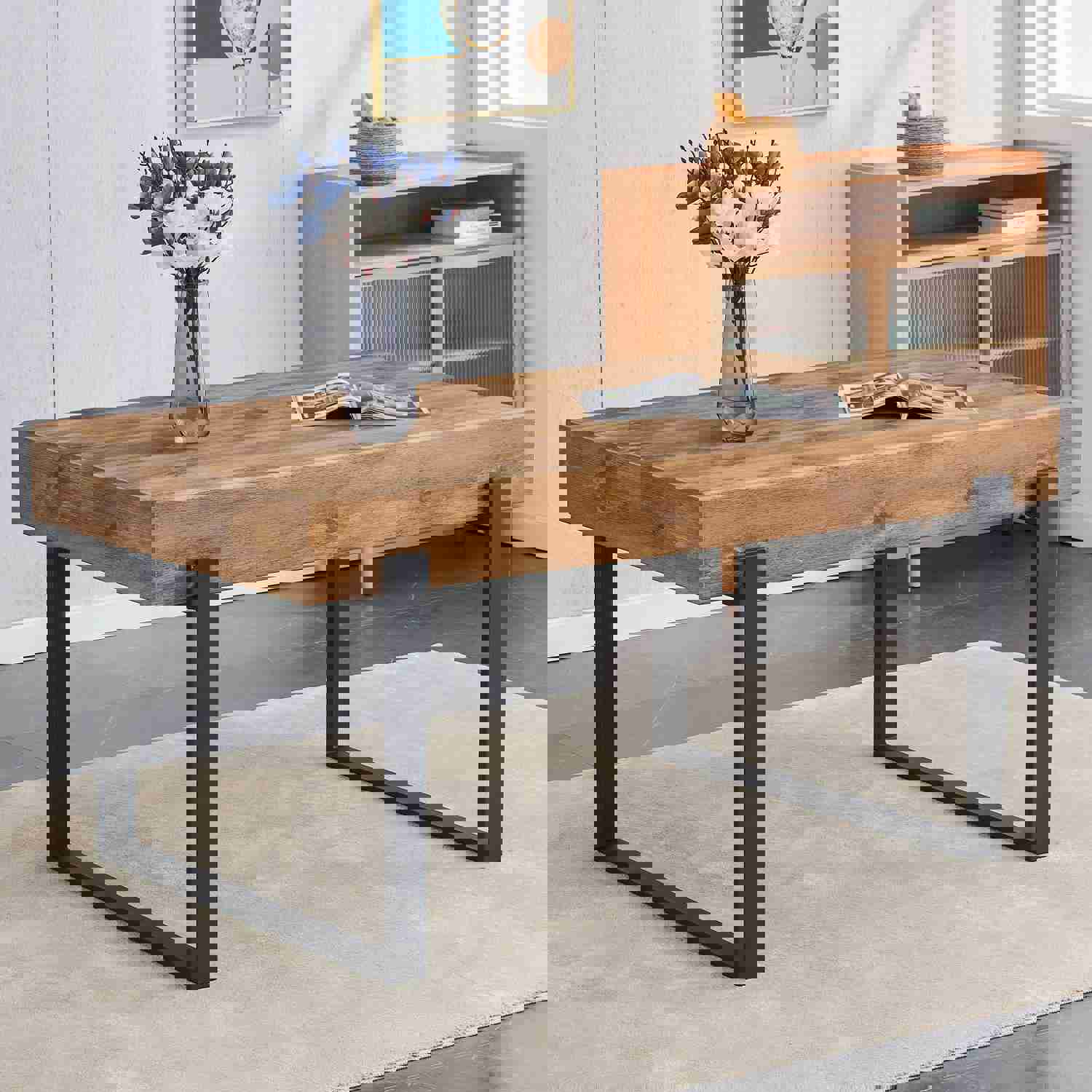 59 Inch Modern Dining Table, Rectangular Wooden Table Top with Metal Base for Dining Room, Home Office, Living Room