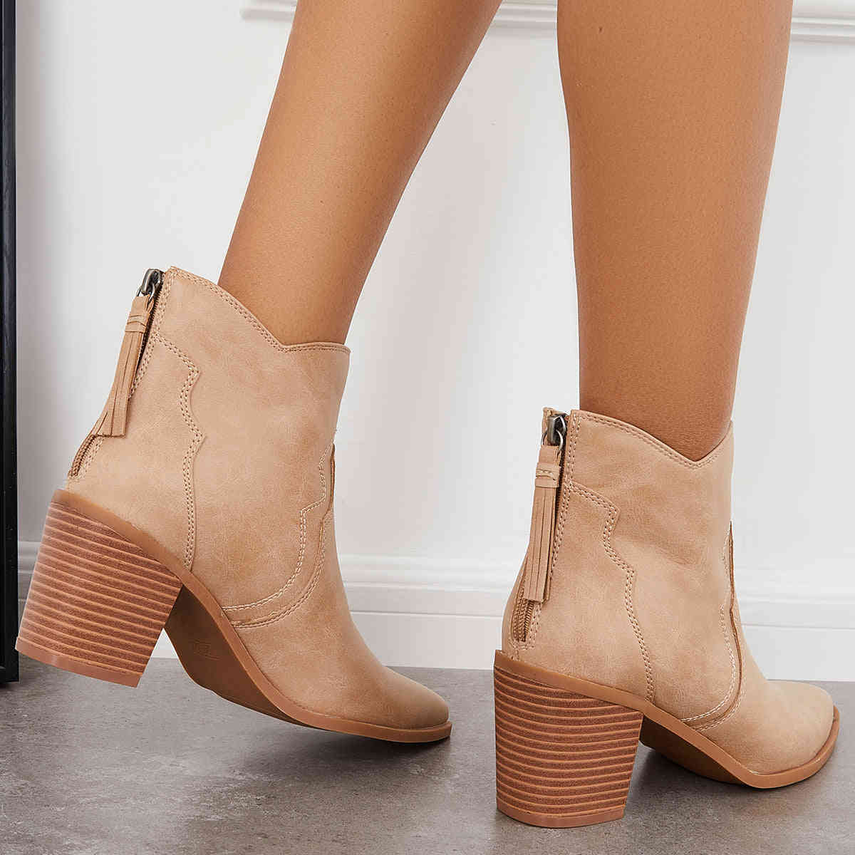 Pointed Toe Western Booties Back Zipper Chunky Heel Ankle Boots