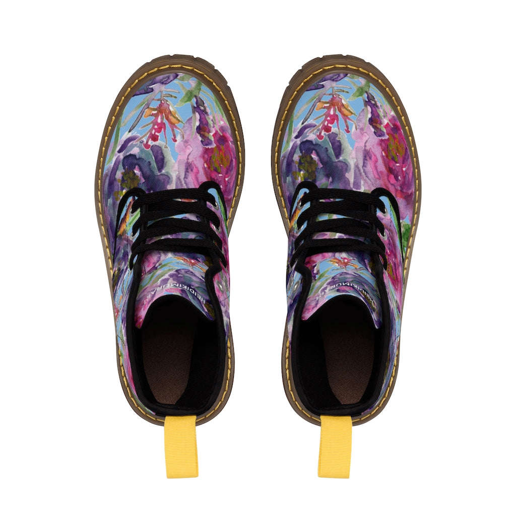 Blue Floral Print Women's Boots - Pink Purple Rose Flower Print Combat Boots