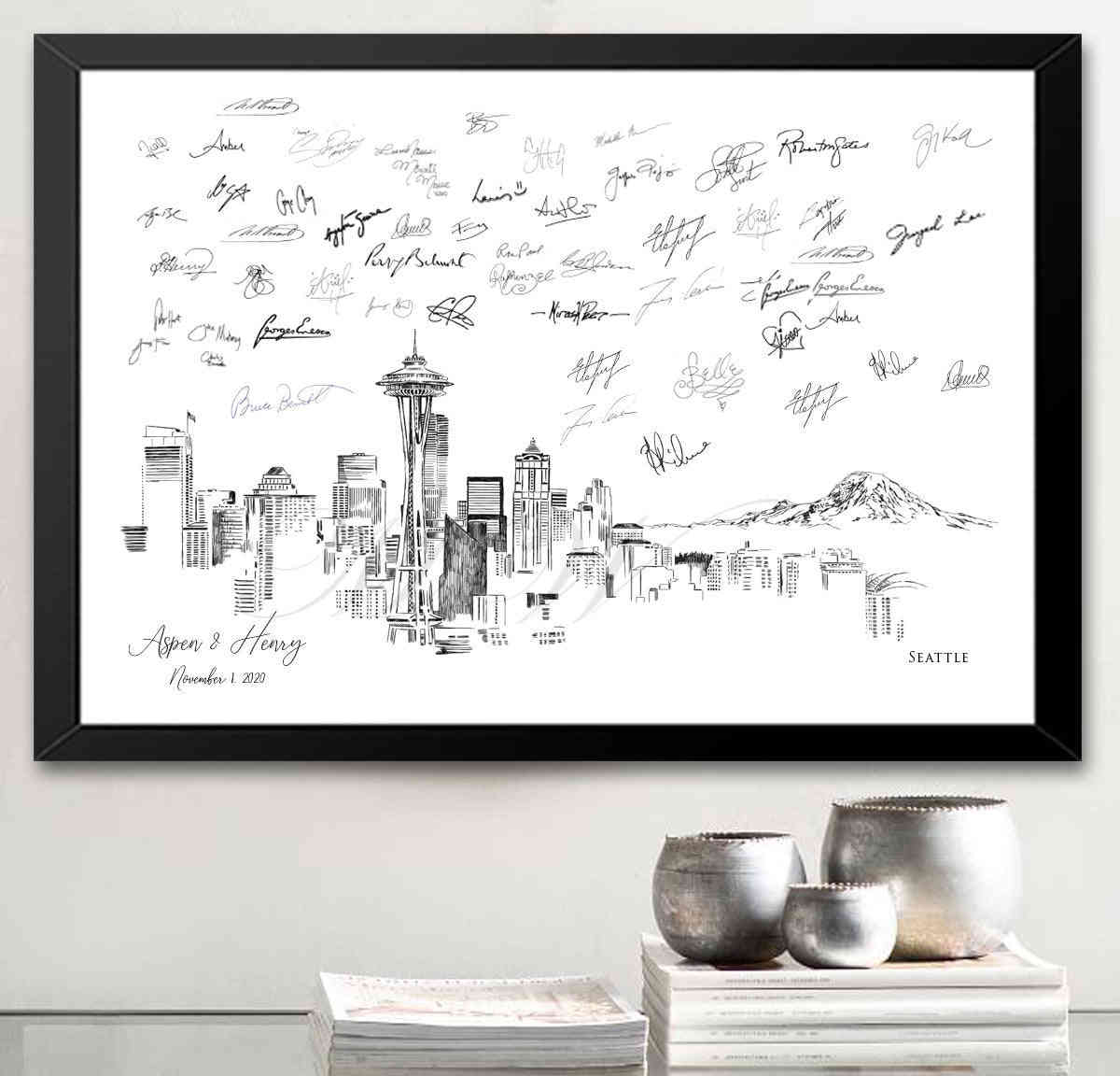 Seattle Skyline Alternative Wedding Guest Book - Hand-Drawn Artwork for Special Memories