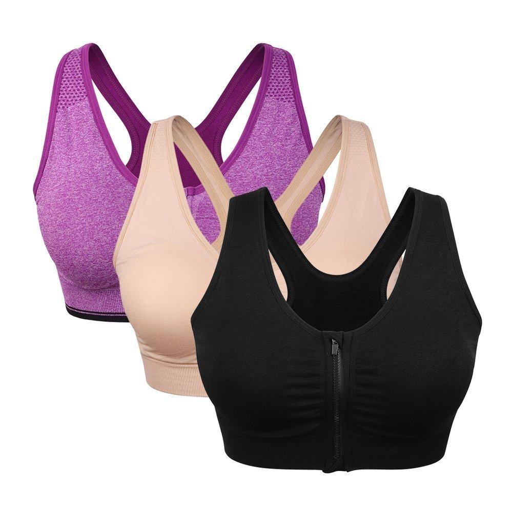 Women's Zip Front Sports Bra - Wireless Post-Surgery Active Yoga Bra