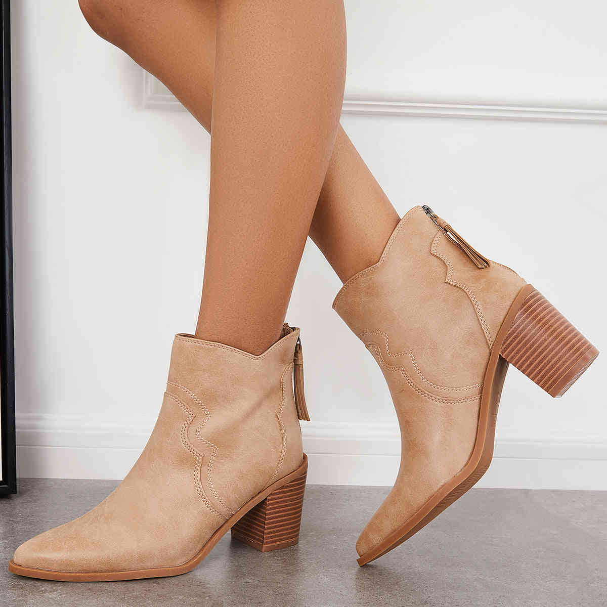 Pointed Toe Western Booties Back Zipper Chunky Heel Ankle Boots