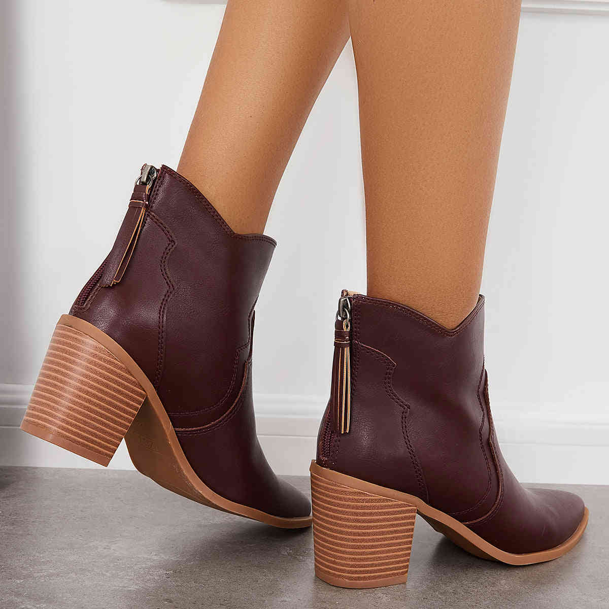 Pointed Toe Western Booties Back Zipper Chunky Heel Ankle Boots
