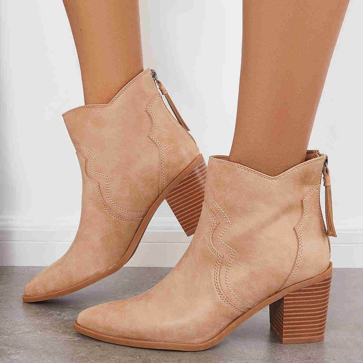 Pointed Toe Western Booties Back Zipper Chunky Heel Ankle Boots