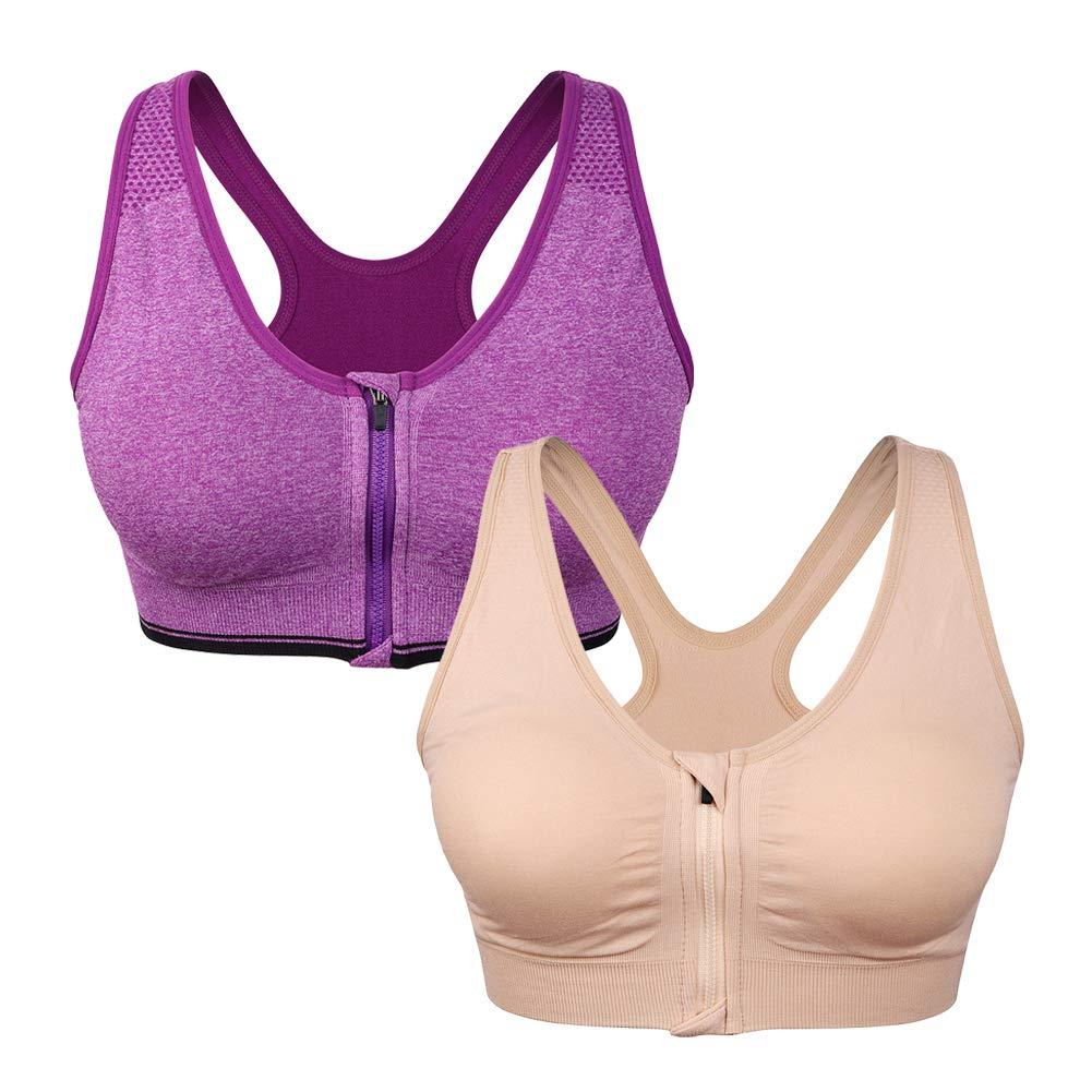 Women's Zip Front Sports Bra - Wireless Post-Surgery Active Yoga Bra