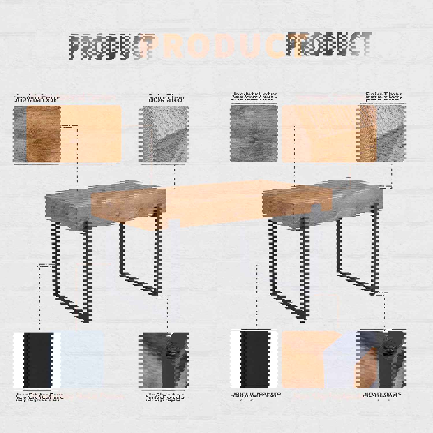59 Inch Modern Dining Table, Rectangular Wooden Table Top with Metal Base for Dining Room, Home Office, Living Room