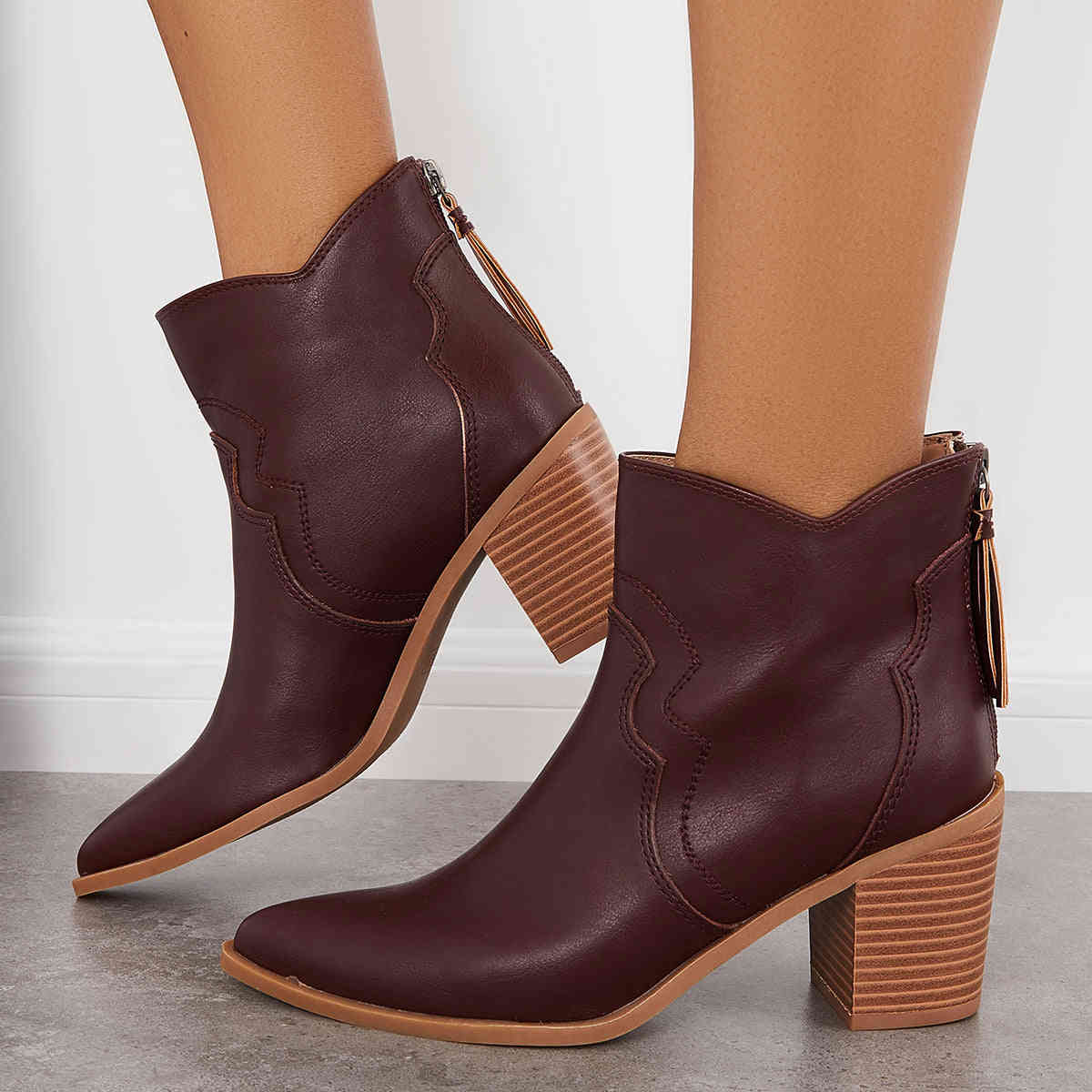 Pointed Toe Western Booties Back Zipper Chunky Heel Ankle Boots