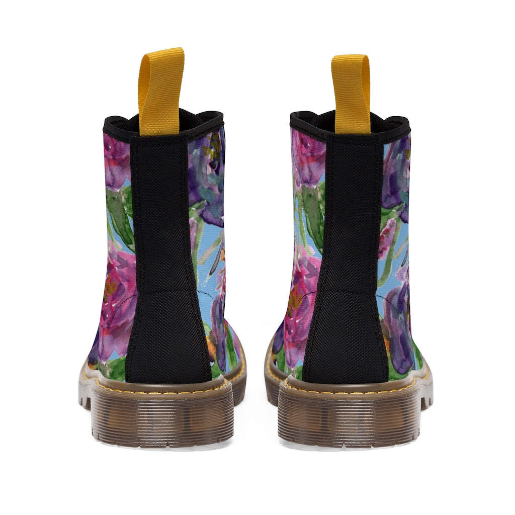 Blue Floral Print Women's Boots - Pink Purple Rose Flower Print Combat Boots