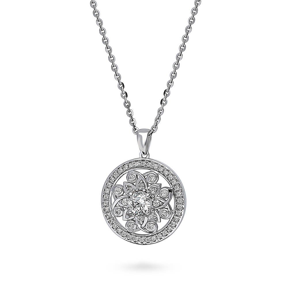 Sterling Silver Flower Medallion CZ Pendant Necklace