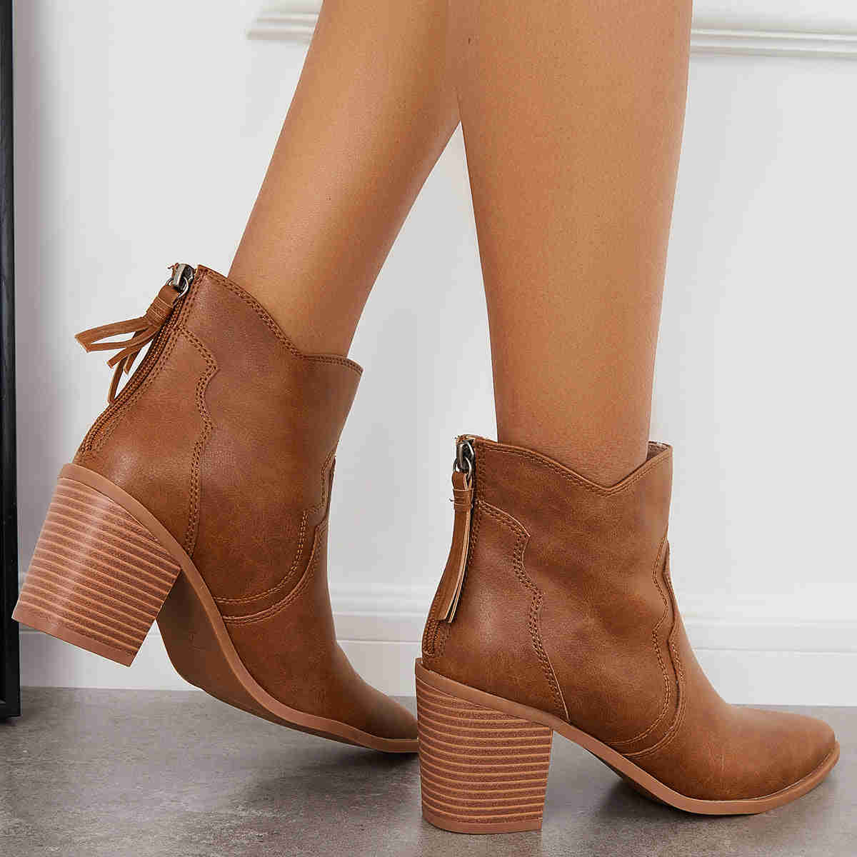 Pointed Toe Western Booties Back Zipper Chunky Heel Ankle Boots
