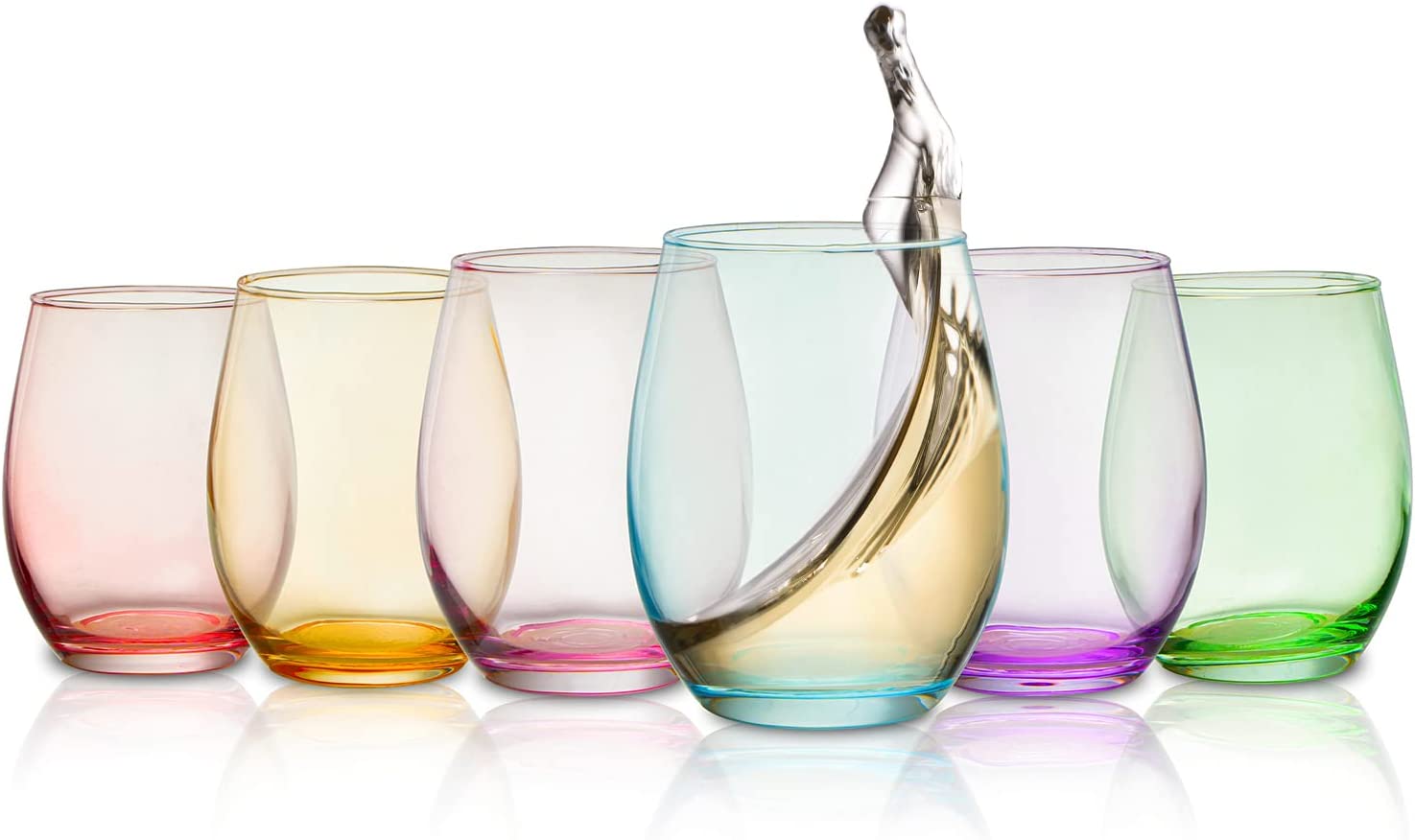 Colored Wine Glass Set, Large 12 oz Glasses Set of 6, Italian Style Hand Blown