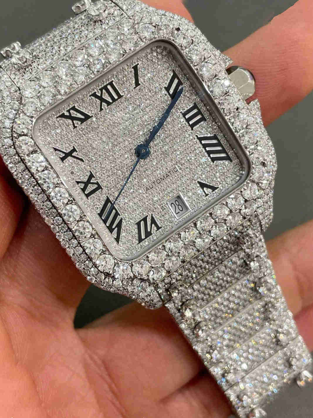 Fully White Bust Down Roman Numeral Moissanite Hip Hop Watch
