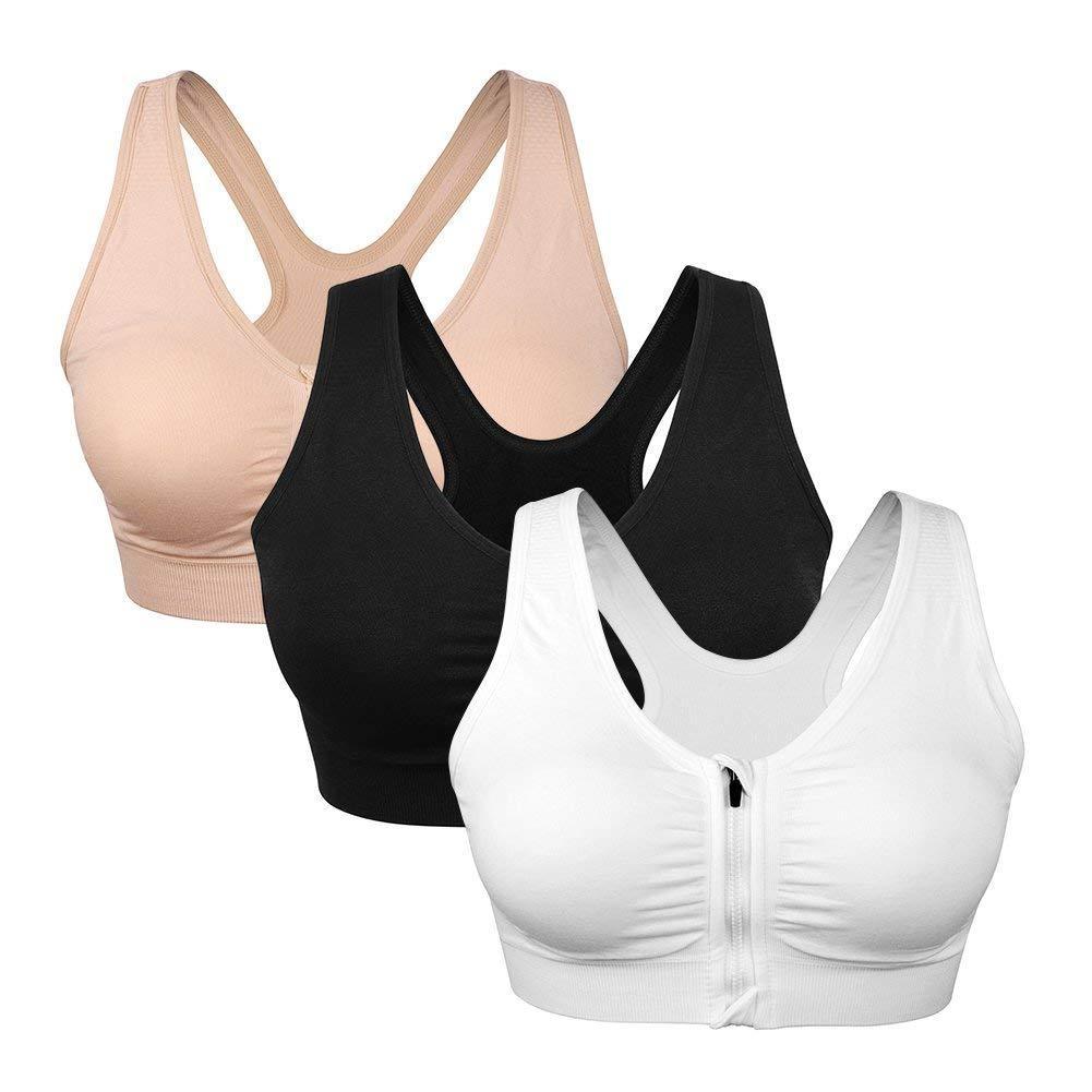 Women's Zip Front Sports Bra - Wireless Post-Surgery Active Yoga Bra