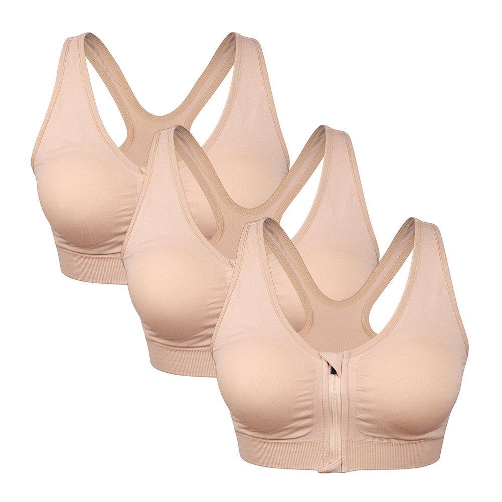 Women's Zip Front Sports Bra - Wireless Post-Surgery Active Yoga Bra